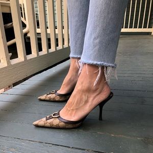 Vintage Gucci Kitten Heels Brown Logo Print Canvas